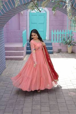 New Peach Color Flower Designer Tiered Embroidered Threadwork Women Gown 2
