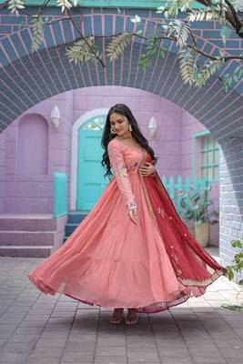 New Peach Color Flower Designer Tiered Embroidered Threadwork Women Gown 3