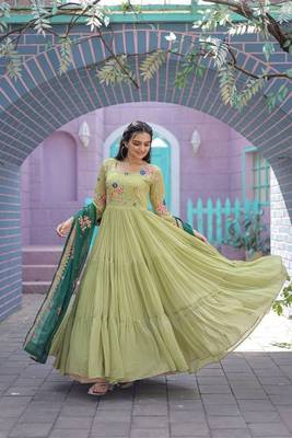 New Pista Color Flower Designer Tiered Embroidered Threadwork Women Gown 1