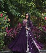 Wine Faux Georgette Anarkali Set with Sequin Embroidery