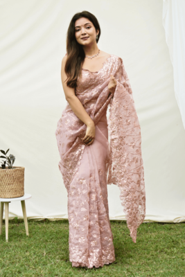 Peach Colour Khadi Organza Silk Blend Saree With Un-Stitched Blouse 1