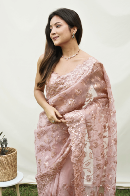 Peach Colour Khadi Organza Silk Blend Saree With Un-Stitched Blouse 2