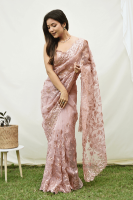 Peach Colour Khadi Organza Silk Blend Saree With Un-Stitched Blouse 3
