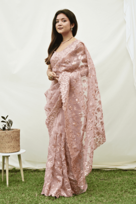 Peach Colour Khadi Organza Silk Blend Saree With Un-Stitched Blouse 4