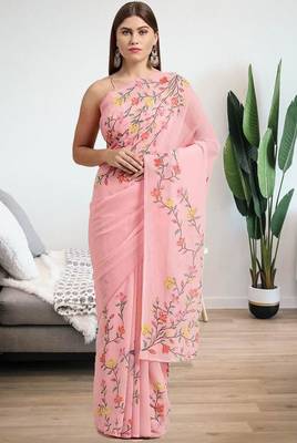 Pink printed georgette saree with blouse 1