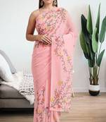 Pink printed georgette saree with blouse