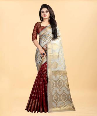 Maroon and Grey Banarasi silk blend Zari Woven Saree with Blouse 5