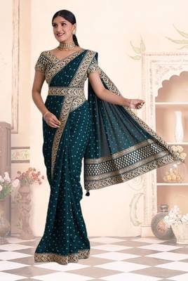  Petrol Heavy Pigment Chinon saree with heavy zari embroidery sequins work  1