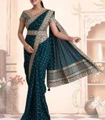  Petrol Heavy Pigment Chinon saree with heavy zari embroidery sequins work 