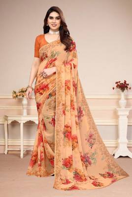 Orange printed georgette saree with blouse 1