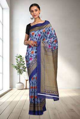 Blue Printed Art Silk Saree With Blouse 1