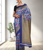 Blue Printed Art Silk Saree With Blouse