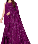 Violet Georgette Sequenced Embriodered Saree With Blouse Piece.