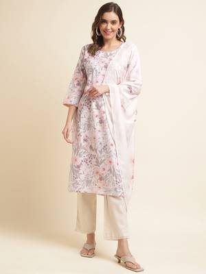 White floral printed beads & stones linen straight kurta & trousers with dupatta 1