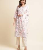 White floral printed beads & stones linen straight kurta & trousers with dupatta