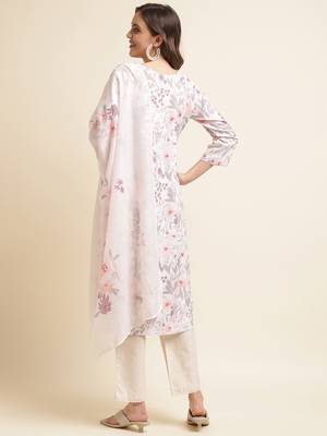 White floral printed beads & stones linen straight kurta & trousers with dupatta 2