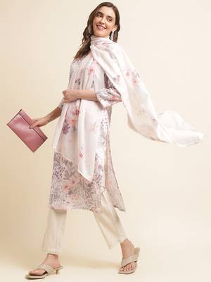 White floral printed beads & stones linen straight kurta & trousers with dupatta 3