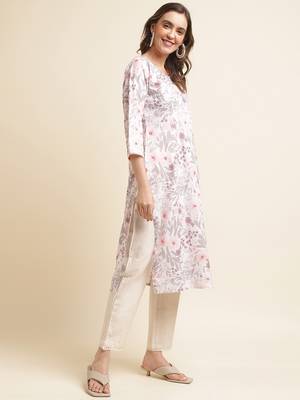 White floral printed beads & stones linen straight kurta & trousers with dupatta 4