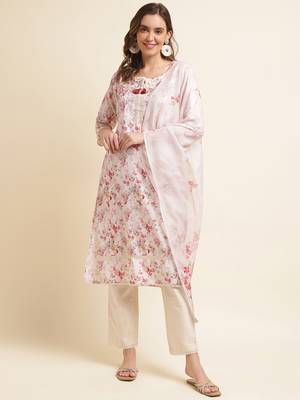 Floral printed regular linen kurta with trousers & dupatta 1