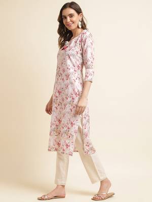 Floral printed regular linen kurta with trousers & dupatta 2