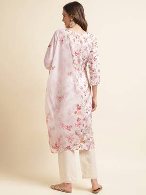 Floral printed regular linen kurta with trousers & dupatta 3