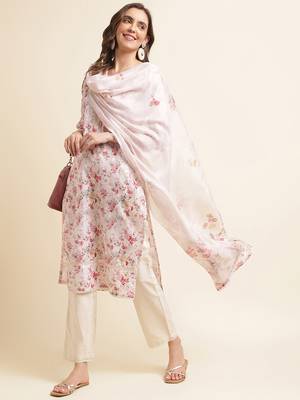 Floral printed regular linen kurta with trousers & dupatta 4