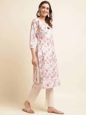 Floral printed regular linen kurta with trousers & dupatta 5