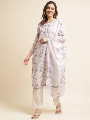 White floral printed regular sequinned linen kurta with trousers & dupatta 1