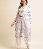 White floral printed regular sequinned linen kurta with trousers & dupatta