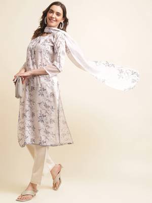 White floral printed regular sequinned linen kurta with trousers & dupatta 3
