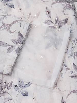 White floral printed regular sequinned linen kurta with trousers & dupatta 5
