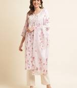 Floral printed thread work linen straight kurta with trousers & dupatta