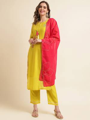 Women yellow & pink floral embroidered sequinned kurta with trousers & dupatta 1