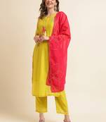 Women yellow & pink floral embroidered sequinned kurta with trousers & dupatta