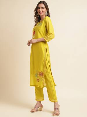 Women yellow & pink floral embroidered sequinned kurta with trousers & dupatta 2