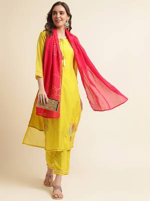 Women yellow & pink floral embroidered sequinned kurta with trousers & dupatta 4