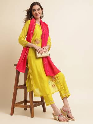 Women yellow & pink floral embroidered sequinned kurta with trousers & dupatta 5