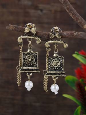 Gold plated oxidised telephone earrings 1
