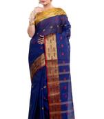 Naby Blue Woven Pure Cotton SqureButi Bengali Tant Saree  Without Blouse