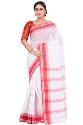 Red Woven Pure Cotton Boysko_Tant Bengali Tant Saree  Without Blouse 1