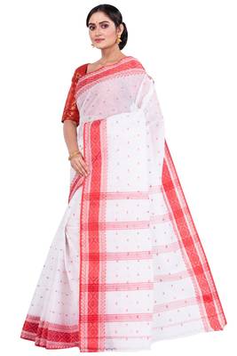 Red Woven Pure Cotton Boysko_Tant Bengali Tant Saree  Without Blouse 5