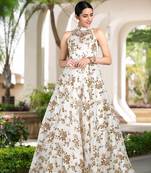 Trendmalls White Organza Foil with Digital print Work Party Wear Festive Casual Wedding Premium Maxi Dress Kurtis 