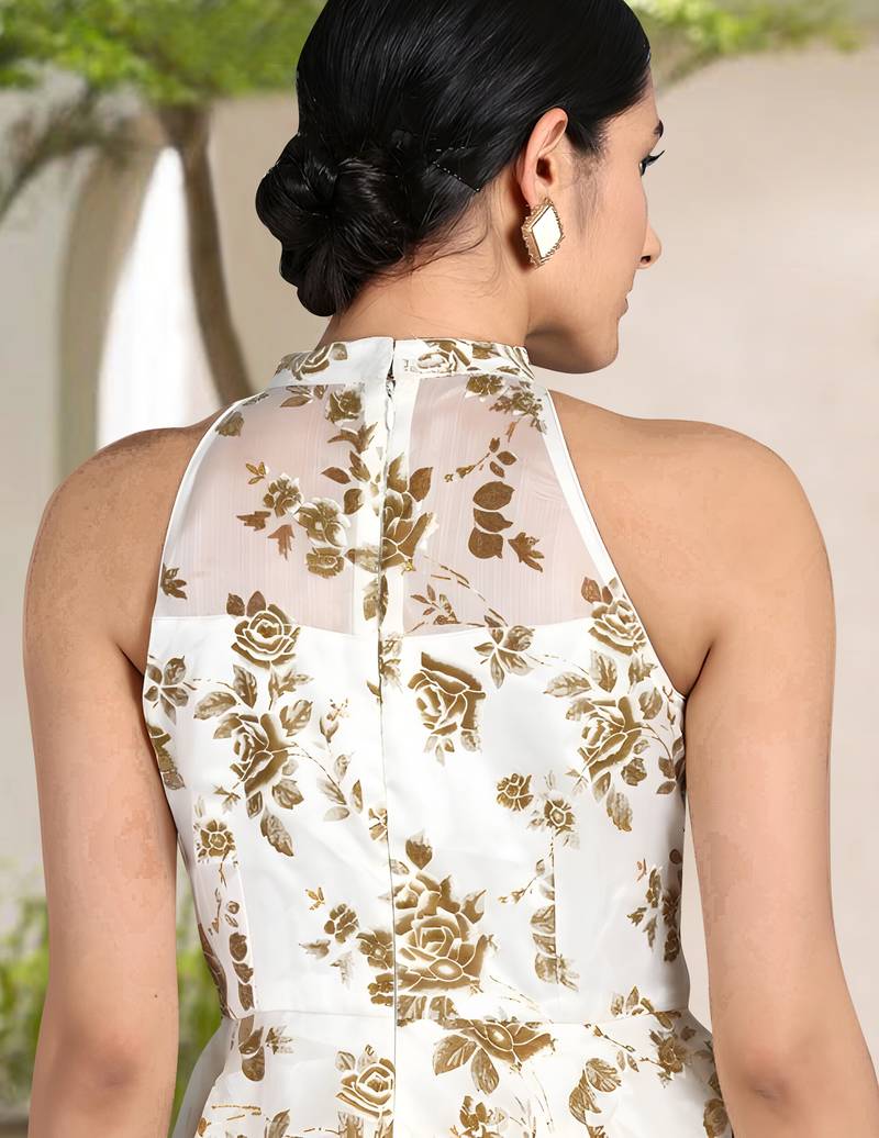 Trendmalls White Organza Foil with Digital print Work Party Wear Festive Casual Wedding Premium Maxi Dress Kurtis 