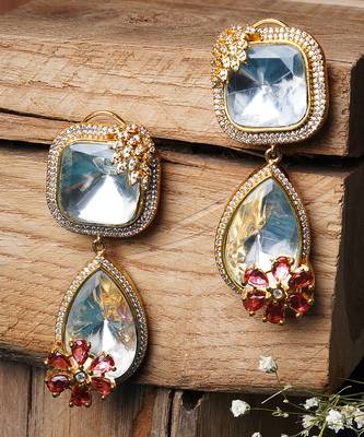 Gold finish zircon diamond and synthetic ruby statement dangler earrings 2