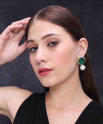 Gold finish synthetic green emerald and pearl studded earrings 1