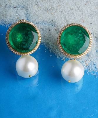 Gold finish synthetic green emerald and pearl studded earrings 2