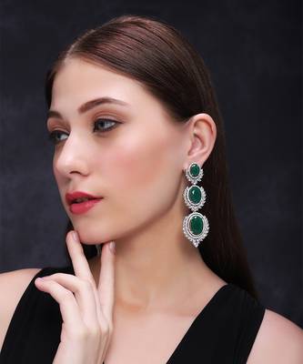 White finish semi-precious green emerald statement dangler earrings 1