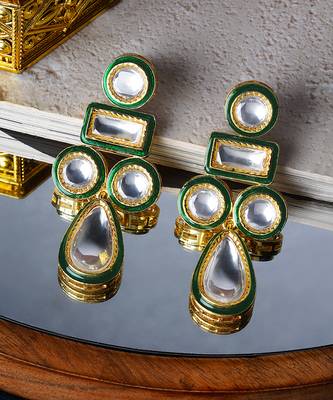 Gold finish synthetic green emerald and zircon studded dangler earrings 2