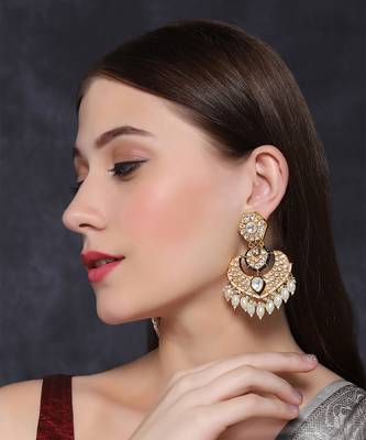 Gold finish semi-precious dark blue and zircon diamond studded chaandbaali earrings 1