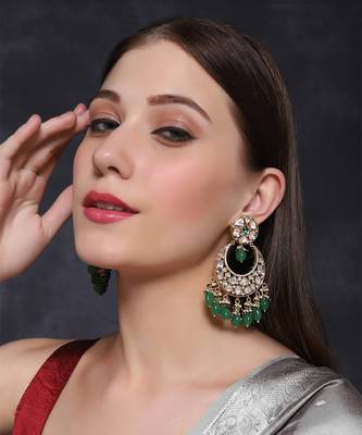Gold finish semi-precious green emerald studded chaandbaali earrings 1